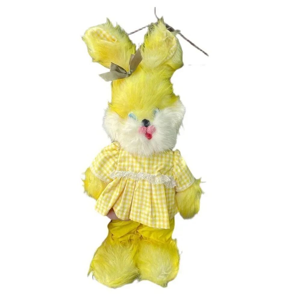 Vintage plush yellow rabbitโstand up big feet rabbit fur white face.
